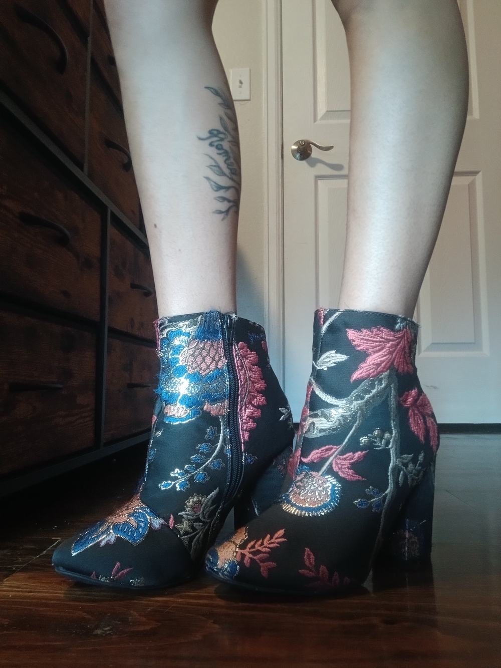 Floral Embroidered Black Ankle Boots - Women's